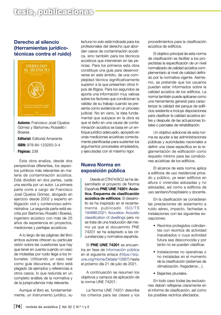 Revista de Acústica Sociedad Española de Acústica de Derecho al silencio: herramientas jurídico-técnicas contra el ruido 